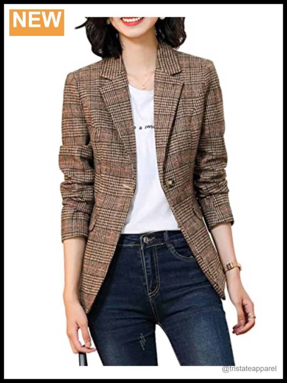 Women Double Breasted Houndstooth Plaid Slim Boyfriend Blazer Jacket